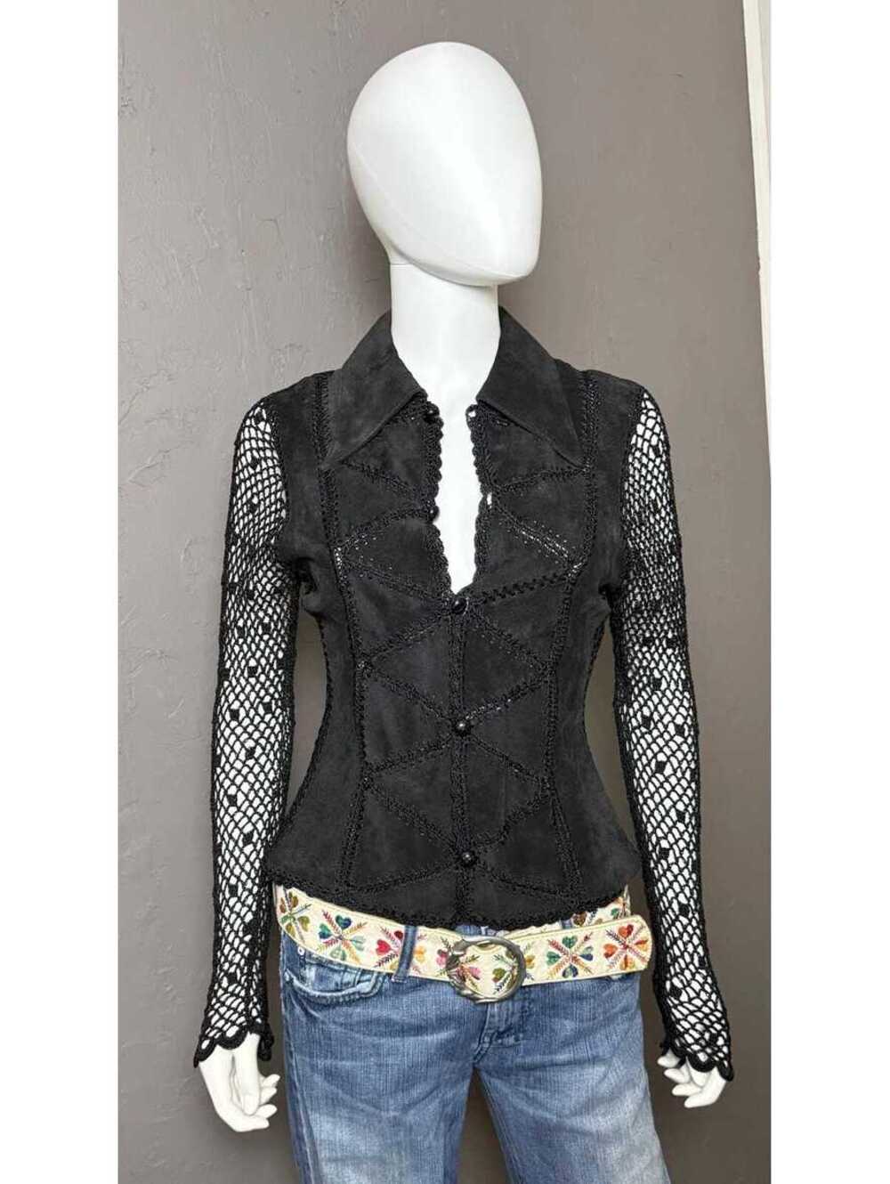 1970's Suede Patchwork + Crocheted Knit Jacket Black Dagger Collar by Sharppoint